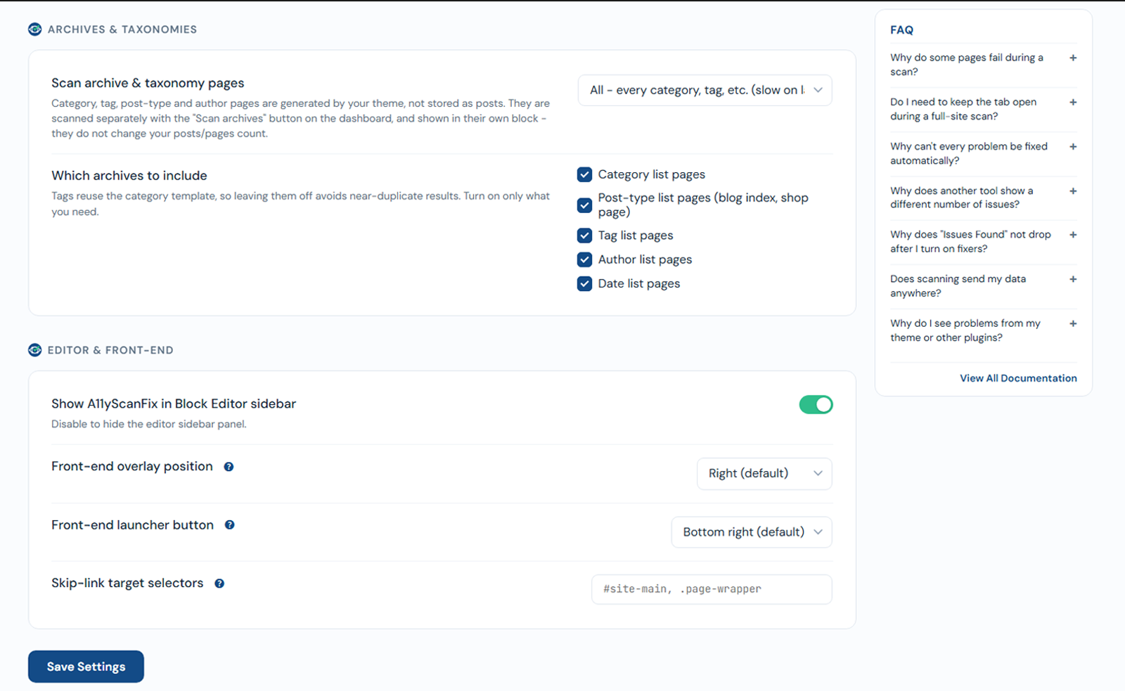 The Archives and Taxonomies settings block with a Scan archive and taxonomy pages dropdown set to All, and checkboxes for category, post-type, tag, author, and date list pages, above the Editor and front-end options.